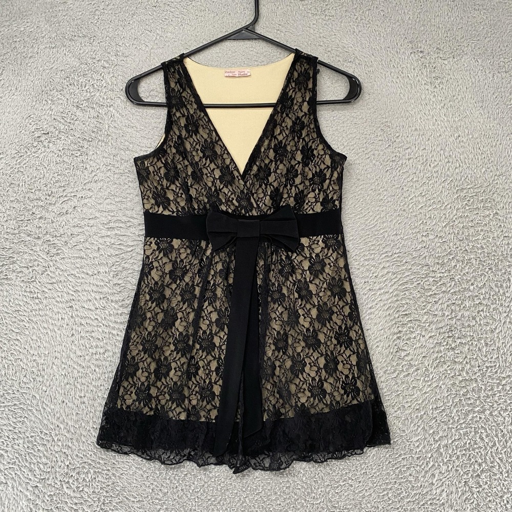 Shadow Lace Y2K Top Womens Large Babydoll Black V Neck Bow Whimsigoth
